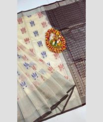 Cream and Chocolate color Kollam Pattu handloom saree with all over buties with scut border design -KOLP0001792