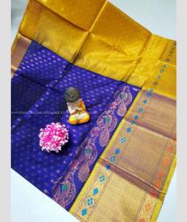 Navy Blue and Golden Yellow color kuppadam pattu handloom saree with all over buties with kanchi border design -KUPP0096727