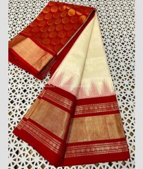 Cream and Red color kuppadam pattu handloom saree with plain with big temple and rudraksha kanchi border design -KUPP0096809