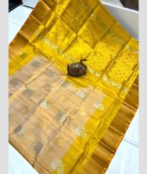 Golden Yellow and Brown color uppada pattu sarees with all over buttas design -UPDP0022018