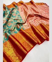 Turquoise and Red color Banarasi sarees with all over design with heavy border -BANS0018788
