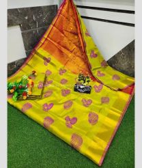 Acid Green and Orange color Uppada Tissue handloom saree with all over screen printed design -UPPI0001696