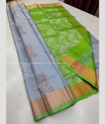 Grey and Parrot Green color soft silk kanchipuram sarees with zari border design -KASS0000417