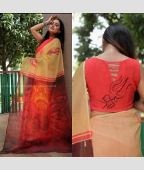 Red and Bisque color linen sarees with digital printed design -LINS0003194
