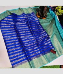 Royal Blue and Turquoise color Banarasi sarees with all over striped design woven with jacquard double border -BANS0007869