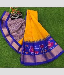 Mango Yellow and Royal Blue color Chenderi silk handloom saree with all over buties with special pochampally and kanchi borders design -CNDP0015906