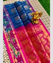 Navy Blue and pink color Kollam Pattu handloom saree with pochampalli border saree design -KOLP0000680