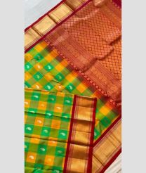 Green and Maroon color gadwal pattu handloom saree with all over buties with kuttu interlock woven and kanchi border design -GDWP0001575