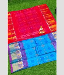 Red and Lite Blue color Uppada Soft Silk handloom saree with all over pochampally with kanchi border design -UPSF0003916