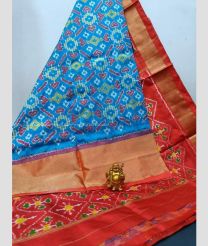 Lite Blue and Deep Orange color pochampally ikkat pure silk handloom saree with all over pochampally ikkat with kaddi border design -PIKP0021103