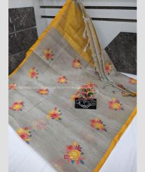 Lite Grey and Mustard Yellow color linen sarees with all over thread work buties design -LINS0002976