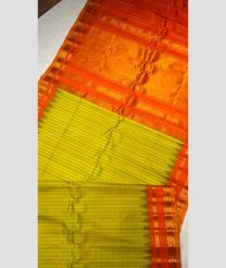 Mustard Yellow and Orange color gadwal pattu handloom saree with all over tiny jari and reasham checks with temple kothakoma  kuthu border design -GDWP0001707
