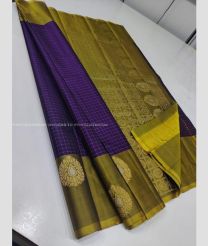 Purple and Olive color kanchi pattu handloom saree with all over checks with hand woven unique collection border design -KANP0012826