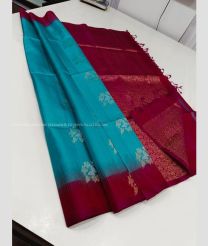 Blue Turquoise and Crimson color kanchi pattu handloom saree with all over buties with unique border design -KANP0013698