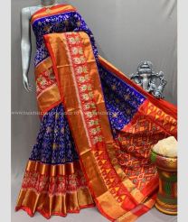 Navy Blue and Orange color pochampally ikkat pure silk handloom saree with pochampally ikkat design -PIKP0036731