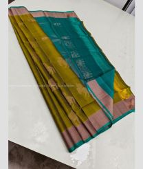 Mehendi Green and Medium Teal color soft silk kanchipuram sarees with all over handwoven big buties with unique collection design -KASS0000970
