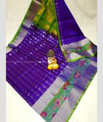 Purple and Green color uppada pattu handloom saree with all over buties and checks with kaddi border design -UPDP0021189