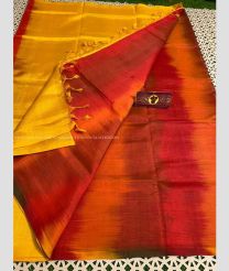 Orange and Red color mangalagiri pattu handloom saree with plain and ikkat design -MAGP0026449