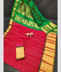 Crimson and Green color Chenderi silk handloom saree with all over mothi checks design -CNDP0016235