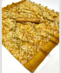 Mustard Yellow and Cream color Georgette sarees with all over foil printed with fancy viscose woven border design -GEOS0024234