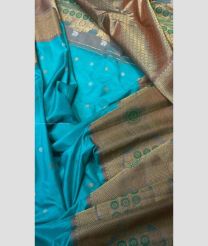Blue Turquoise and Grey color gadwal pattu handloom saree with all over dual buties design -GDWP0001745