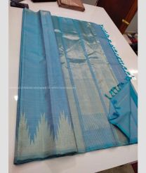 Sky Blue and Silver color kanchi pattu handloom saree with plain with temple border design -KANP0013217