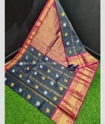 Dark Grey and Magenta color Kollam Pattu handloom saree with all over laksha buties with kanchi border design -KOLP0001464