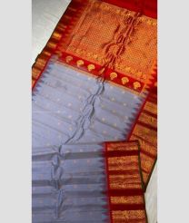 Sky Blue and Red color gadwal pattu handloom saree with all over buties with kanchi kuthu temple kothakomma borders design -GDWP0001589