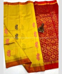 Yellow and Red color Kollam Pattu handloom saree with big stripes saree design -KOLP0000737