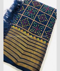 Navy Blue color Kora handloom saree with golden zari weaving border design -KORS0000054