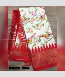 Half White and Red color silk sarees with zari border saree design -SILK0002775