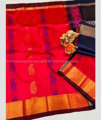 Red and Navy Blue color Kollam Pattu handloom saree with all over checks and buties with kaddi border design -KOLP0001612