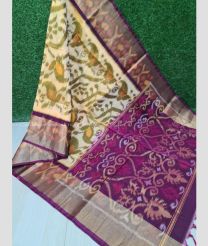 Cream and Dark Pink color pochampally Ikkat cotton handloom saree with all over pochampally design saree -PIKT0000102