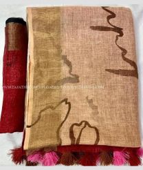 Lite Brown and Maroon color linen sarees with all over digital printed with jari border design -LINS0003321