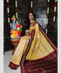 Lemon Yellow and Maroon color pochampally ikkat pure silk handloom saree with all over ikkat with pochampally border design -PIKP0022290
