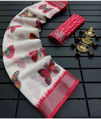 White and Pink color linen sarees with all over big butterfly with jari border design -LINS0003686