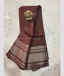 Chocolate color mangalagiri pattu handloom saree with all over jari line checks with silver big border design -MAGP0026257