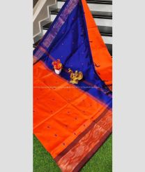 Tomato Red and Navy blue color Tripura Silk handloom saree with pochampally border design -TRPP0008554