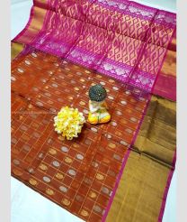 Chestnut and Magenta color uppada pattu handloom saree with all over buties and checks with kaddi border design -UPDP0021177