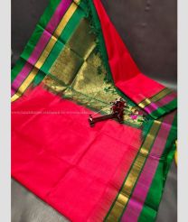 Pink and Dark Green color kuppadam pattu handloom saree with plain with temple border design -KUPP0097008