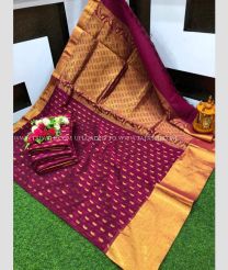 Plum Velvet and Golden color Chenderi silk handloom saree with all over buties with big kaddi border design -CNDP0014162