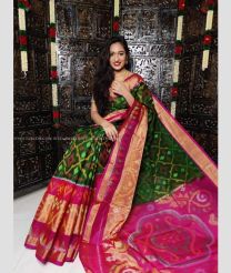 Pine Green and Pink color Ikkat sico handloom saree with pochampalli ikkat design -IKSS0000438