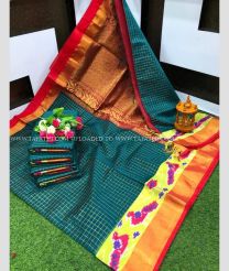 Teal and Maroon color Chenderi silk handloom saree with all over checks and pochampally border design -CNDP0014225