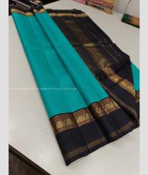 Blue Turquoise and Black color kanchi pattu handloom saree with plain with 2g pure jari traditional border design -KANP0013587