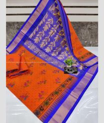 Orange and Blue color Chenderi silk handloom saree with all over printed design with temple border -CNDP0014037