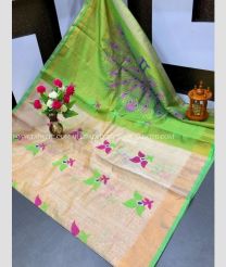Cream and Lite Green color Uppada Tissue handloom saree with all over big buties design -UPPI0000428