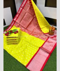 Mustard Yellow and Red color Chenderi silk handloom saree with all over buties with kaddi border design -CNDP0016273