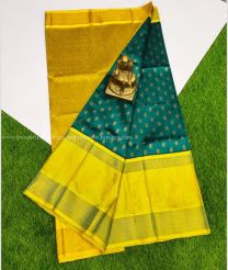 Yellow and Blue Jay color Kollam Pattu handloom saree with all over laksha buties with kanchi peacock border design -KOLP0001548