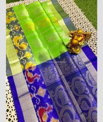 Parrot Green and Blue color Kollam Pattu handloom saree with pochampalli border saree design -KOLP0000691