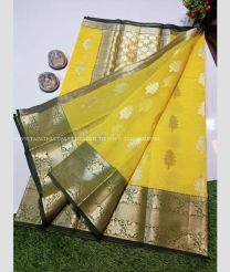 Yellow color Banarasi sarees with tree buta weaving beautiful kanjivaram border design -BANS0007913